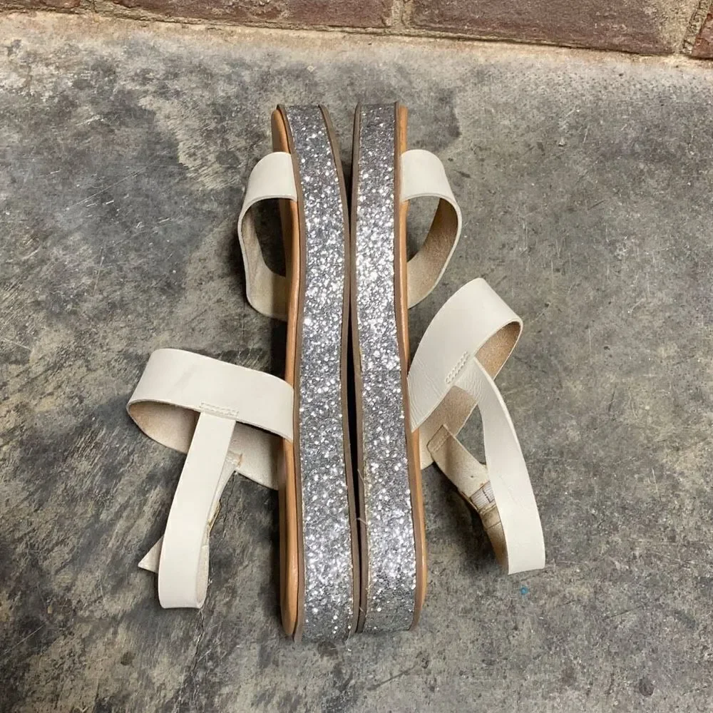 J. Crew Jessa Leather Ivory Glitter Platform Sandals  Size 11